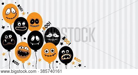 Horizontal Banner Template For Happy Halloween. Balloons With Creepy Faces, Jaws, Teeth And Open Mou