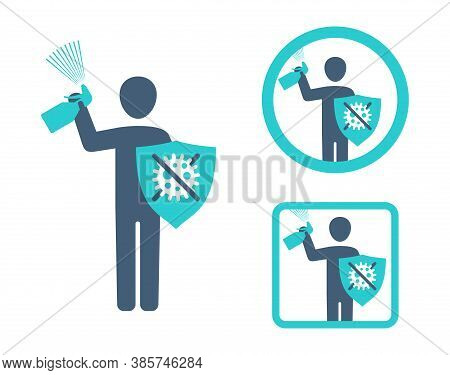 Antiseptic Icon - Person With Sanitizer Bottle And Protection Shield With Crossed Out Bacterie Virus
