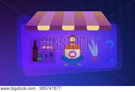 Online Purchase Of Alcohol Flat Vector Concept Illustration. Alcohol E-commerce: Vodka, Whiskey, Win