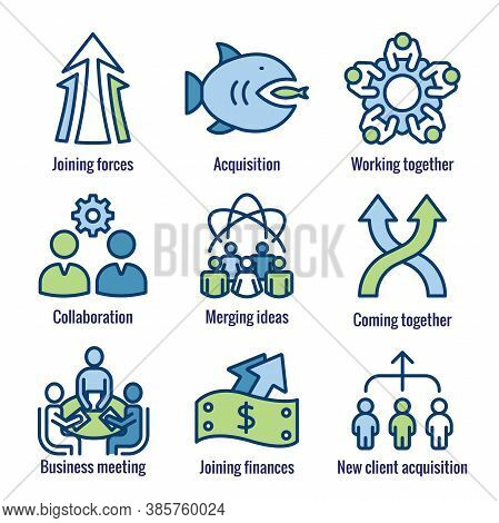 Companies Merging Together, One Buying Out The Other & Icon Set Banner
