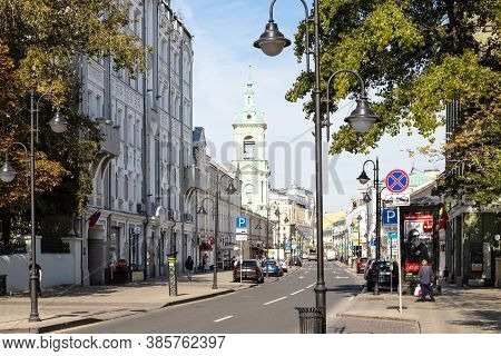 Moscow, Russia - September 6, 2020: View Of Pyatnitskaya Street With Belltower Of Temple Of The Behe