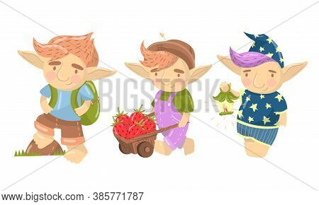 Cute Troll Pulling Trolley With Strawberry And Walking With Backpack Vector Set