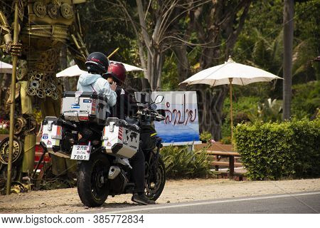 Travelers Thai People Couple Lover Riding Big Bike Motorcycle On Road Near Tha Pai Bridge Go To Trav