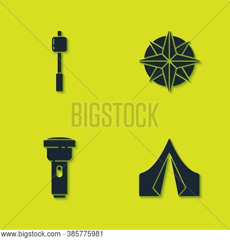 Set Marshmallow On Stick, Tourist Tent, Flashlight And Wind Rose Icon. Vector