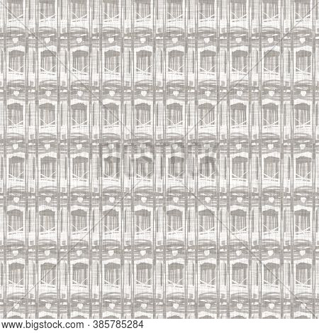 French Woven Linen Texture Geometric Shape Background. Old Ecru Flax Grey Geo Motif Seamless Pattern