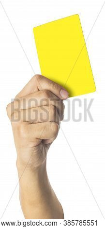 Hand Of Soccer Referee Showing Yellow Card Isolated On White Background