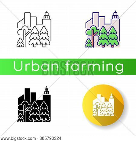 Urban Forest Icon. Public City Park. Tree Grow In Town District. Modern Eco Friendly Location. Green