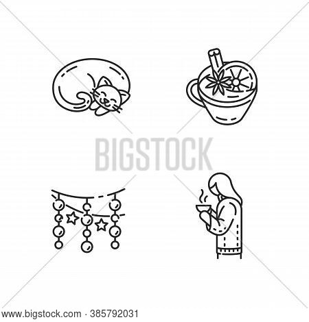 Hyggelig Atmosphere Linear Icons Set. Winter Hot Drinks. Mulled Wine. Customizable Thin Line Contour