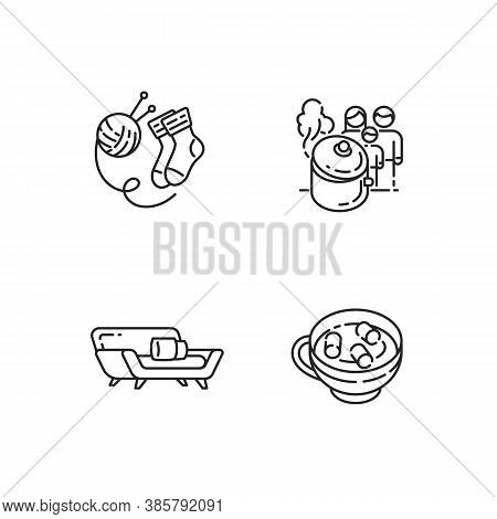 Hyggelig Time Linear Icons Set. Knitted Socks. Customizable Thin Line Contour Symbols. Homemade Food