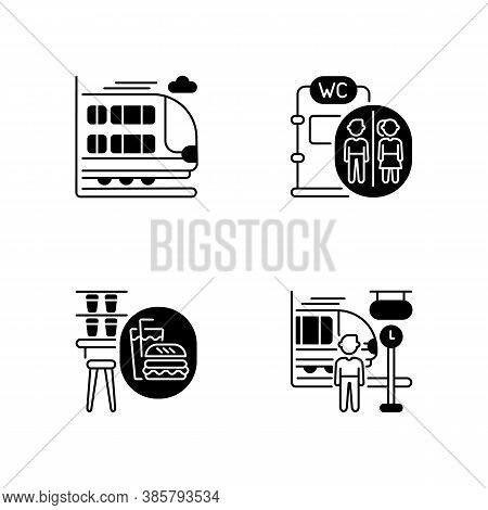 Railway Services Black Linear Icons Set. Bilevel Rail Car, Snack Bar, Onboard Toilet And Commuter Tr
