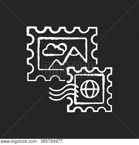 Postage Stamps Chalk White Icon On Black Background. Collecting Rare Postmarks Hobby, Philately. Pos