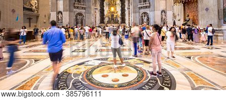 Rome, Vatican State - August 24, 2018: Interior Of Saint Peter Basilica With Mass-tourism Arrival