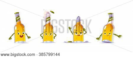 Cute Beer Bottle Character In Different Poses. Vector Set Of Cartoon Funny Chat Bot, Beer Personage 