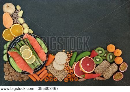 Health food for a healthy lifestyle high in antioxidants that neutralise free radicals. Also high in dietary fibre, anthocyanins, vitamins, omega 3, lycopene, carotenoids & protein. Border on slate. 