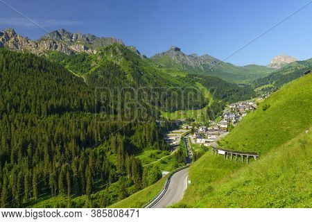 Mountain Landscape At Summer Along The Road To Campolongo Pass, Dolomites, Belluno Province, Veneto,