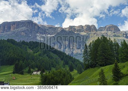 Mountain Landscape At Summer From The Village Of Arabba, Dolomites, Belluno Province, Veneto, Italy.