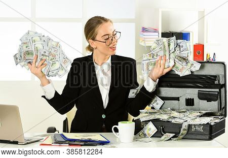 Widescale Earnings. Corporate Leather Bag. Sexy Woman With Case At Workstation. Happiness And Succes