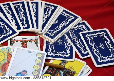 Esoteric Background Of Scattered Tarot Cards Close Up