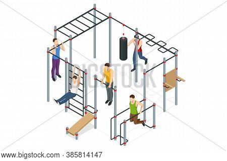 Isometric Sportsmen Making Workout, Pull-ups, Barbell, Push-ups, Weight Lifting, Dumbbell Training. 