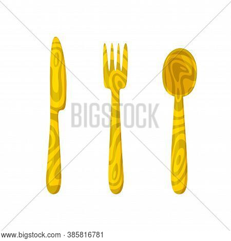 Wooden Cultery. Ecological Substitute For Plastic Cultery. Knife, Fork And Spoon Made Of Wood. Isola