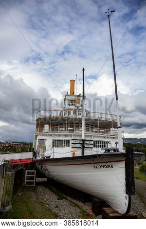 Whitehorse, Yukon, Canada - August 23, 2020: Historic Boat Memorial, Klondike, In The Public City Pa