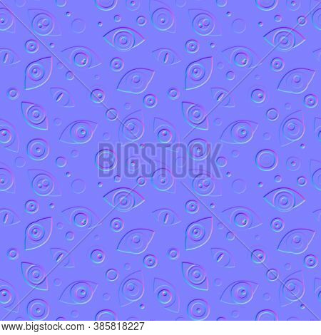Normal Map Of Abstract Geometric Shapes, Eyes, Dots, Seamless Pattern Texture For Use In 3d Programs