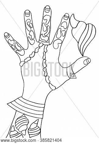 Hand With Rings, Baroque Pearls, Shells Isolated. Hand Painted Fashion Illustration, Stylish Jewelry