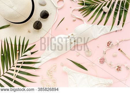 Traveler Accessories, Women Summer Bikini Set Swimsuit, Tropical Palm Leaf Branches On Pink Backgrou