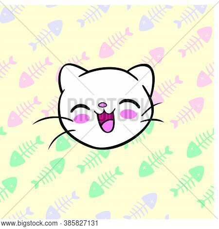 Seamless Pattern With Cartoon White Kitten And Fish