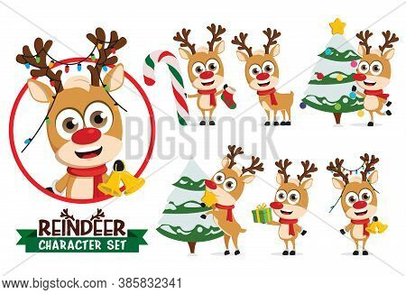 Reindeers Vector Character Set. Reindeer Characters In Holding Bell And Candy Cane, Decorating Chris