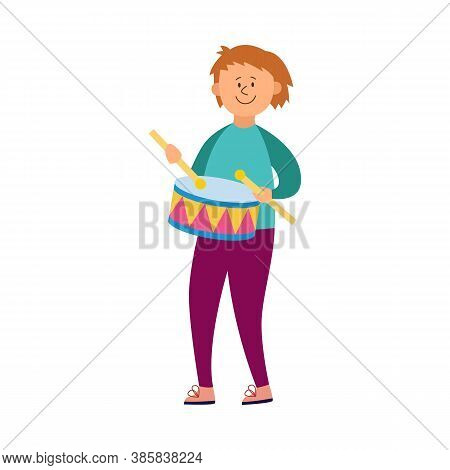 Smiling Child Boy Or Teenager Playing Drums, Flat Vector Illustration Isolated.