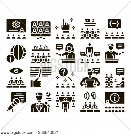 Seminar Conference Glyph Set Vector. Seminar In Meeting Room, Online Communication And Presentation,