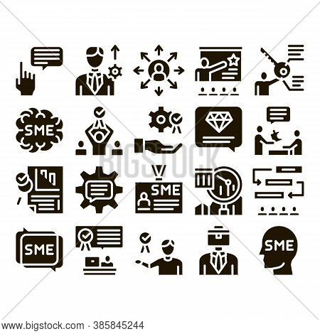 Sme Business Company Glyph Set Vector. Sme Small And Medium Enterprise, Communication And Education,