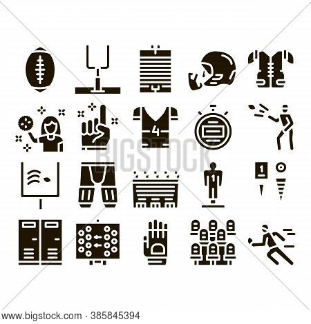 Rugby Sport Game Tool Glyph Set Vector Thin Line. Rugby Ball And Gates, Athlete Protection Equipment