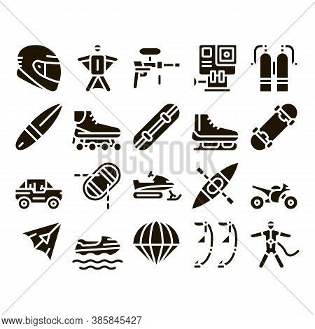 Extreme Sport Activity Glyph Set Vector Thin Line. Bike And Crash Helmet, Parachute And Hang-glider 