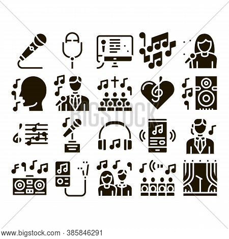 Singing Song Collection Elements Vector Icons Set. Singer And Musical Notes, Microphone And Headphon