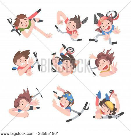 Children Falling Down From Kick Scooters Set, View From Above, Traumatic Accidents, Health Risk Cart
