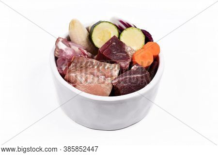 Bowl With Species Appropriated Raw Food For Dogs Like Chunks Of Meat, Salmon Fish And Vegetabls Like