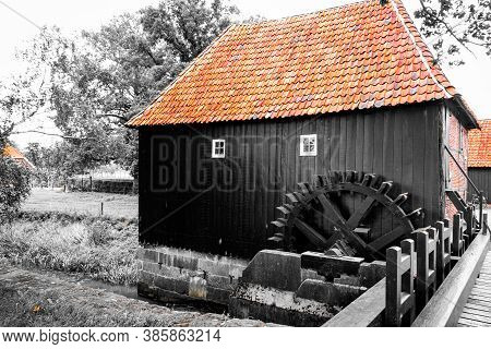 Old Water Mill For Grinding Grain From 1690 At The Manor Oldemeule In Twente, The Netherlands
