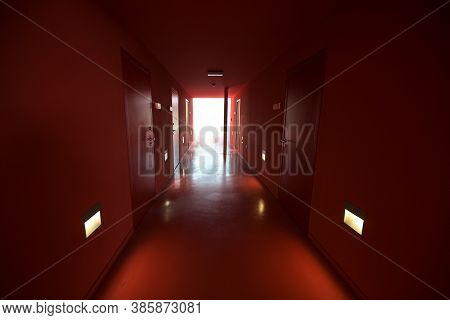 Grevesmuehlen, Germany, September 17, 2020: Corridor All Over Red Painted With Walls, Floor And Door