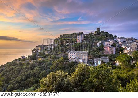 Mountain Village Of Nonza With View Over The Mediteranean Sea On Cap Corse, Corsica, France