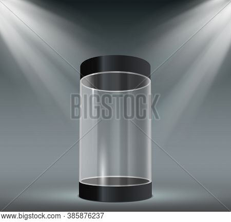 Glass Cylinder Showcase. Transparent Plastic Case, Empty Product Or Museum Display With Spotlights. 