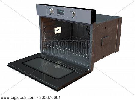 An Open Empty Household Kitchen Oven With A Brushed Metal Finish And Modern Illuminated Dials On An 