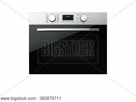 An Open Empty Household Kitchen Oven With A Brushed Metal Finish And Modern Illuminated Dials On An 