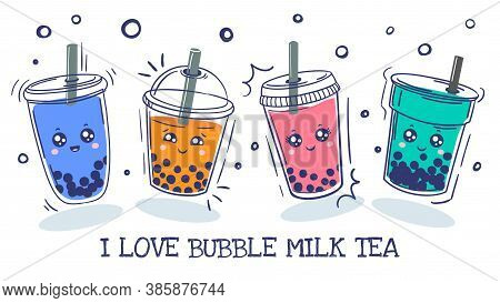 Bubble Tea. Plastic Cup With Cute Emotions Smile Characters And Pearl Milk Tea, Green, Coffee And Fr