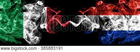 Italy Vs Paraguay, Paraguayan Smoky Mystic Flags Placed Side By Side. Thick Colored Silky Abstract S