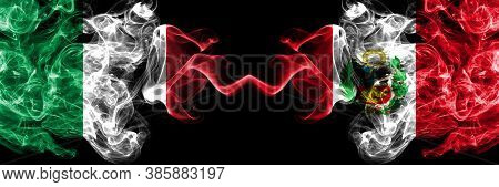 Italy Vs Peru, Peruan Smoky Mystic Flags Placed Side By Side. Thick Colored Silky Abstract Smoke Fla