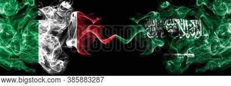 Italy Vs Saudi Arabia, Arabian Smoky Mystic Flags Placed Side By Side. Thick Colored Silky Abstract 