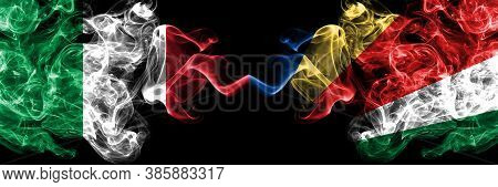 Italy Vs Seychelles, Seychelloise Smoky Mystic Flags Placed Side By Side. Thick Colored Silky Abstra