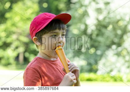 Portrait Kid Eating Ice Lolly With Blurry Nature Background, Happy Little Boy Standing In The Park E